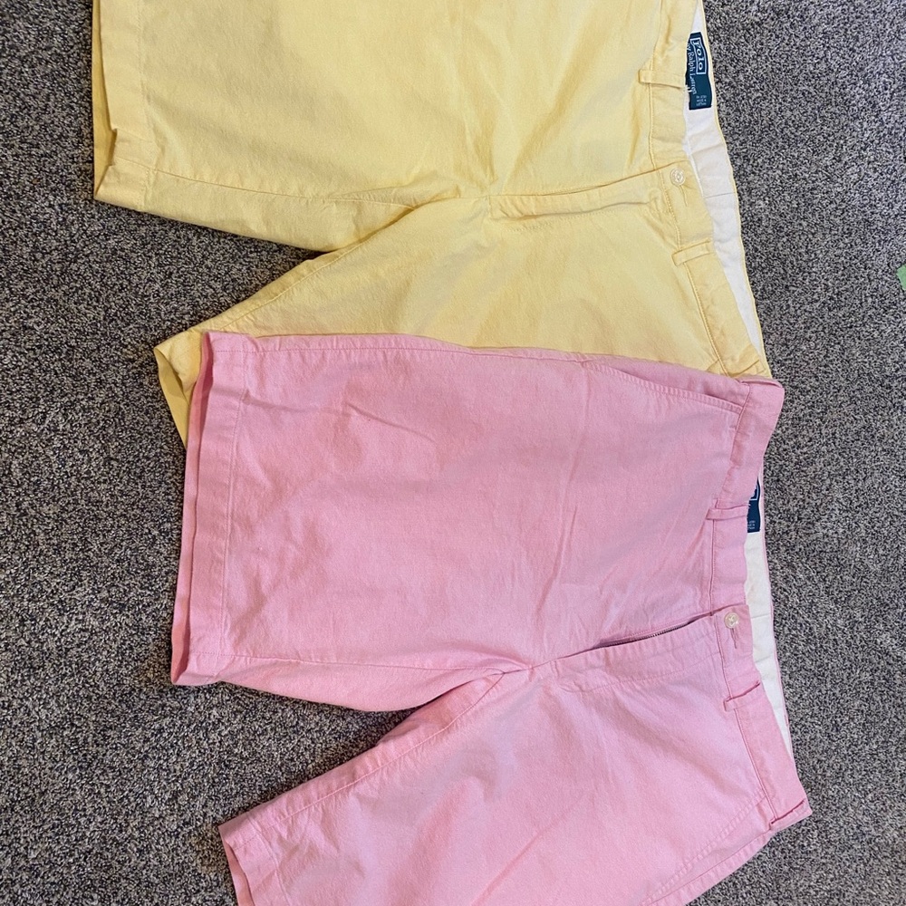 Polo by Ralph Lauren Pastel Pink and Yellow Flat-Front Cotton Shorts
